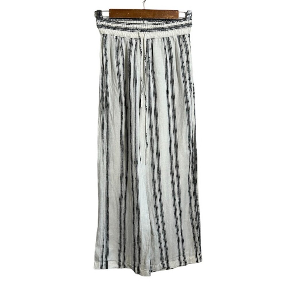 Reformation Crop Wide Leg Linen Pant XS Black White Striped Drawstring High Rise